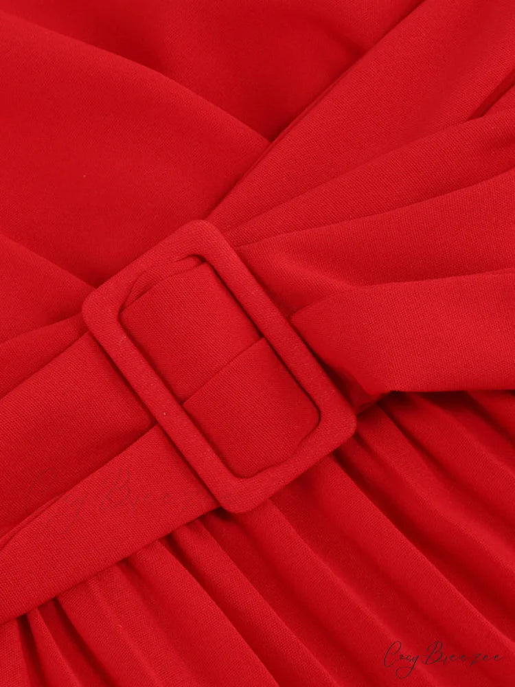 Full-Length Folded Belt Neck Long Waist Women’s at Gown and V with Faux-wrap Sleeves
