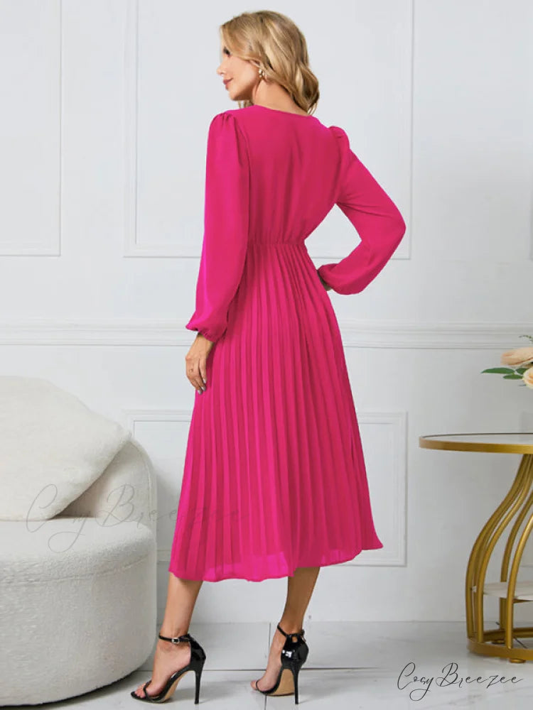 Full-Length Folded Belt Neck Long Waist Women’s at Gown and V with Faux-wrap Sleeves
