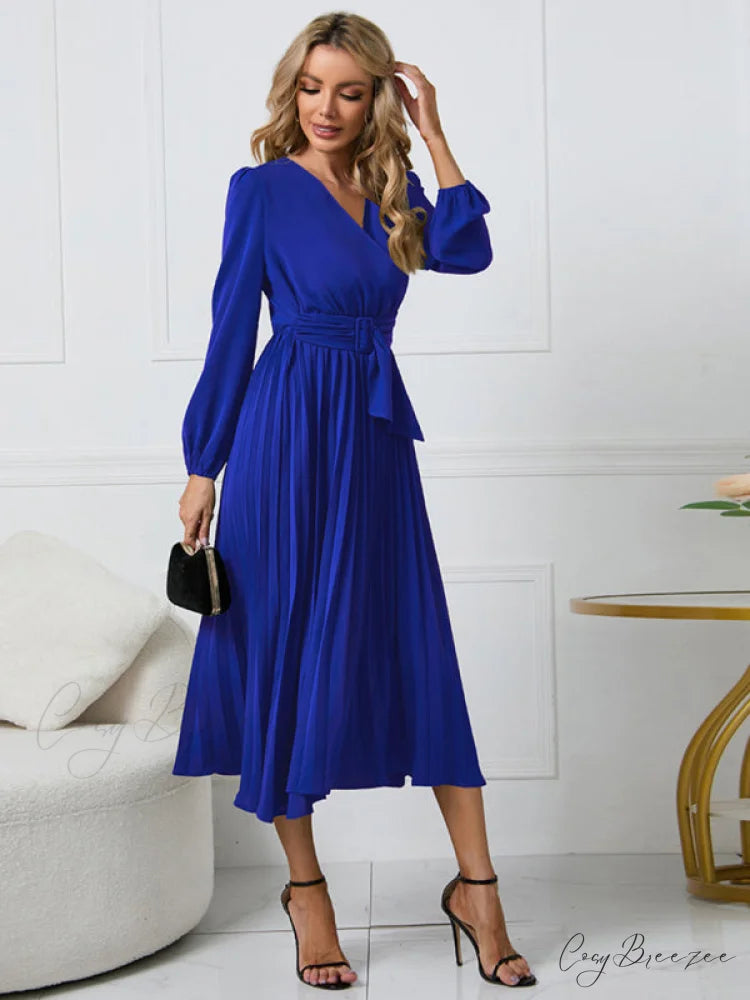 Full-Length Folded Belt Neck Long Waist Women’s at Gown and V with Faux-wrap Sleeves