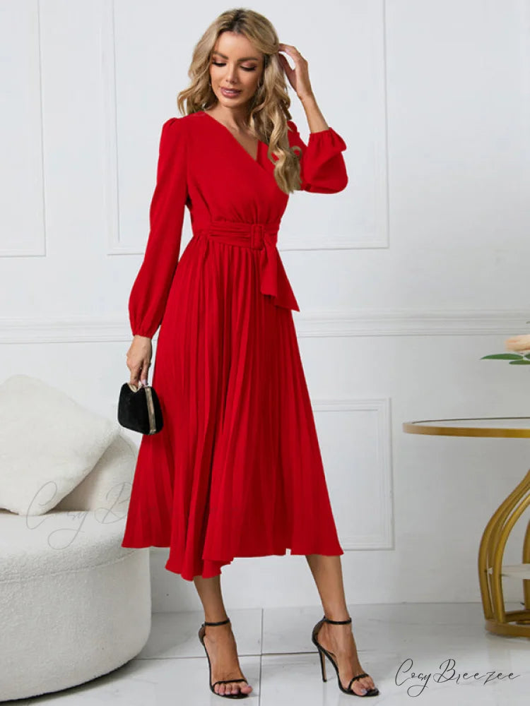 Full-Length Folded Belt Neck Long Waist Women’s at Gown and V with Faux-wrap Sleeves