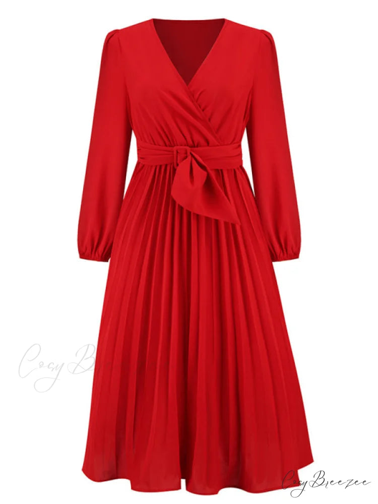 Full-Length Folded Belt Neck Long Waist Women’s at Gown and V with Faux-wrap Sleeves