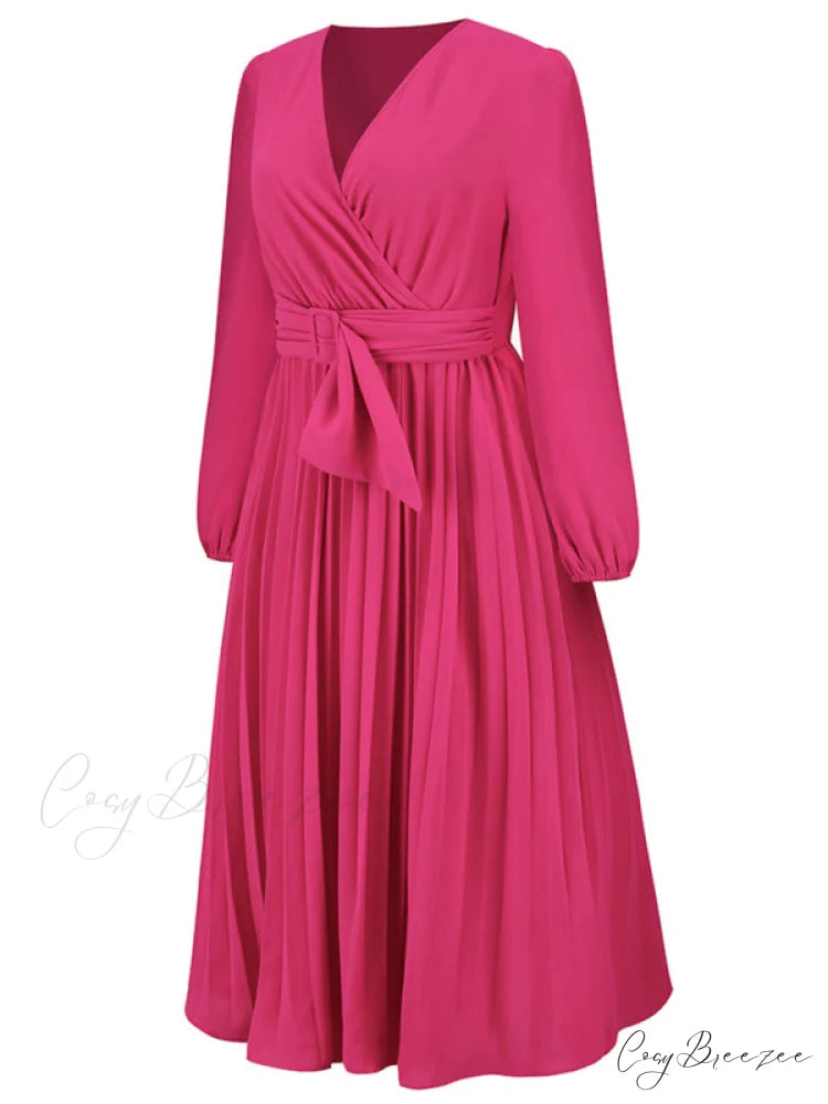 Full-Length Folded Belt Neck Long Waist Women’s at Gown and V with Faux-wrap Sleeves