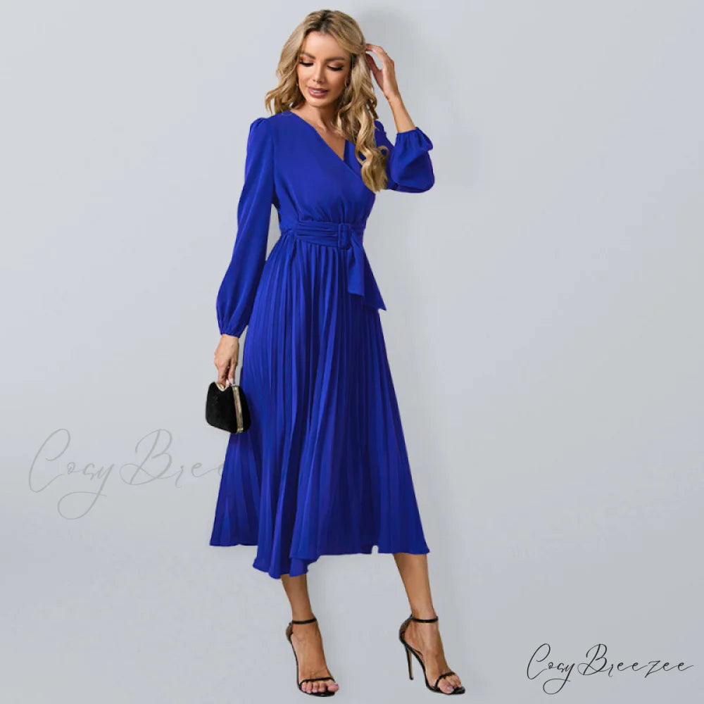 Full-Length Folded Belt Neck Long Waist Women’s at Gown and V with Faux-wrap Sleeves Blue / S