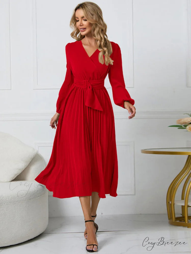 Full-Length Folded Belt Neck Long Waist Women’s at Gown and V with Faux-wrap Sleeves Red / S