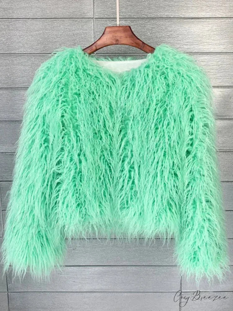 Fur Elegant Fringe Coat Light Green / S