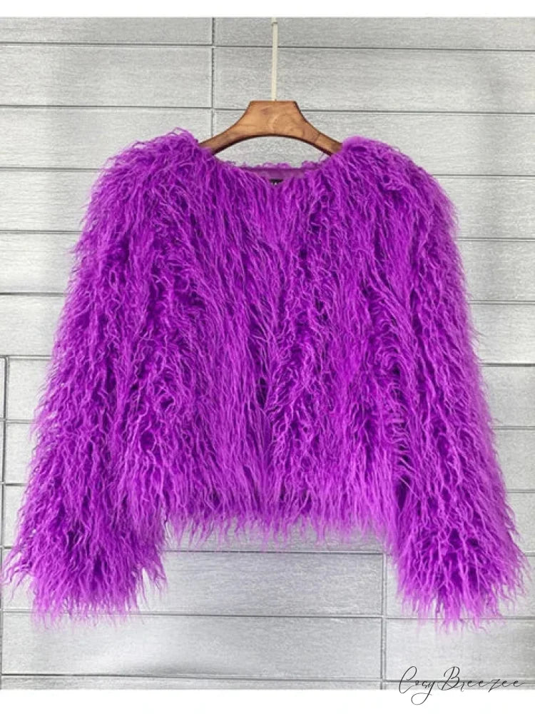 Fur Elegant Fringe Coat PURPLE / S