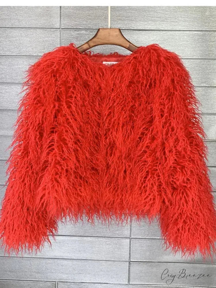 Fur Elegant Fringe Coat Red / S
