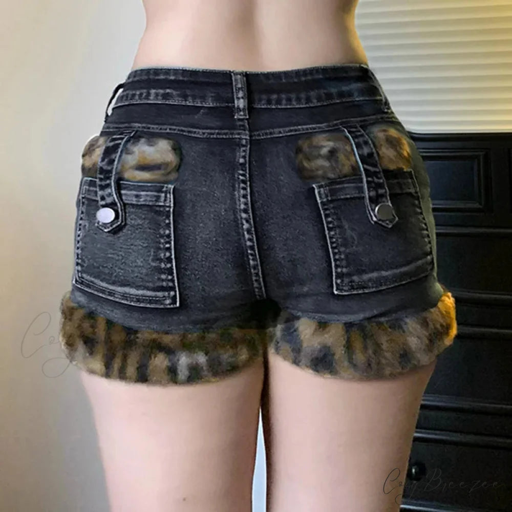 Fur Patchwork Low-Waist Denim Shorts Blue / S short-250223
