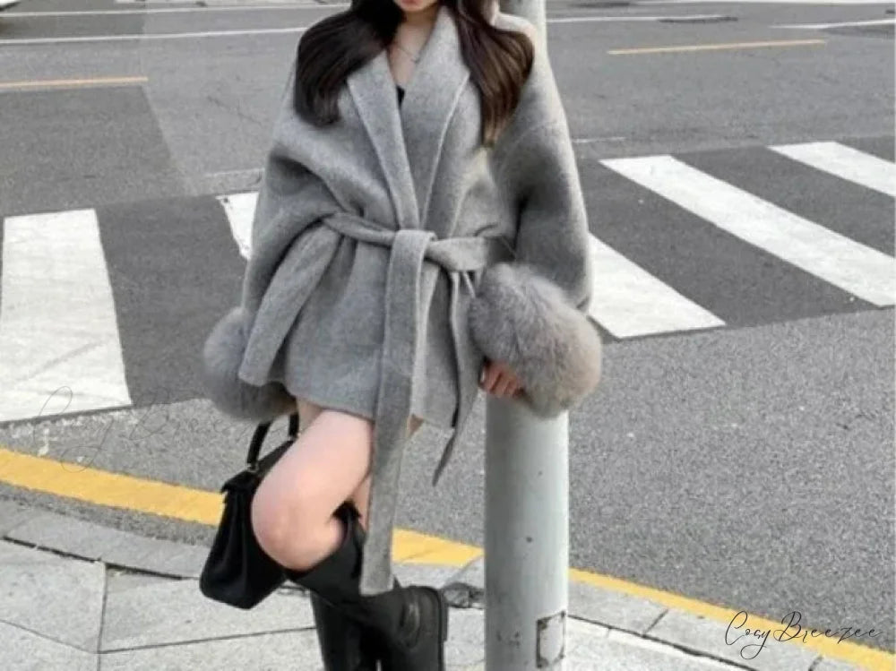 Furry Patchwork Long Sleeve Bandage Coat gray / S overcoats-241228