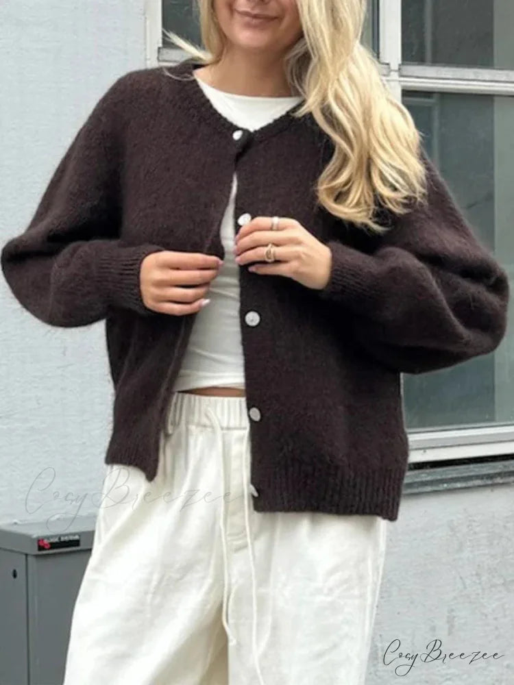 Fuzzy Button-Down Full Sleeve Knit Cardigan black / S cardigans-241228