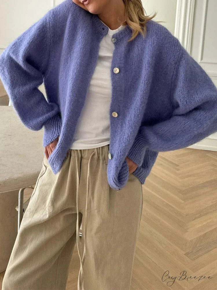 Fuzzy Button-Down Full Sleeve Knit Cardigan blue / S cardigans-241228