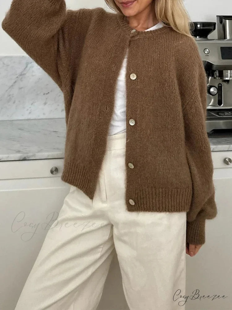 Fuzzy Button-Down Full Sleeve Knit Cardigan brown / S cardigans-241228
