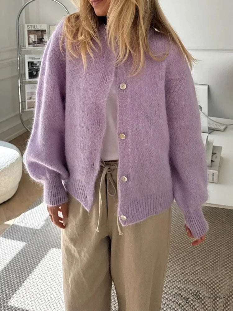 Fuzzy Button-Down Full Sleeve Knit Cardigan cardigans-241228