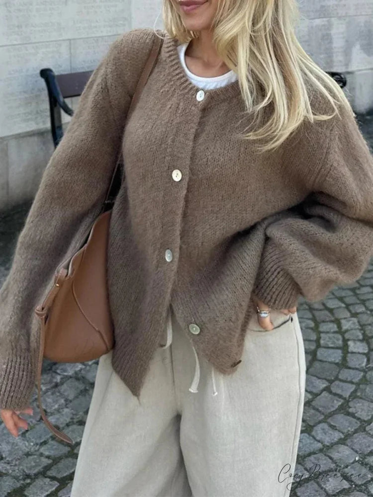 Fuzzy Button-Down Full Sleeve Knit Cardigan cardigans-241228