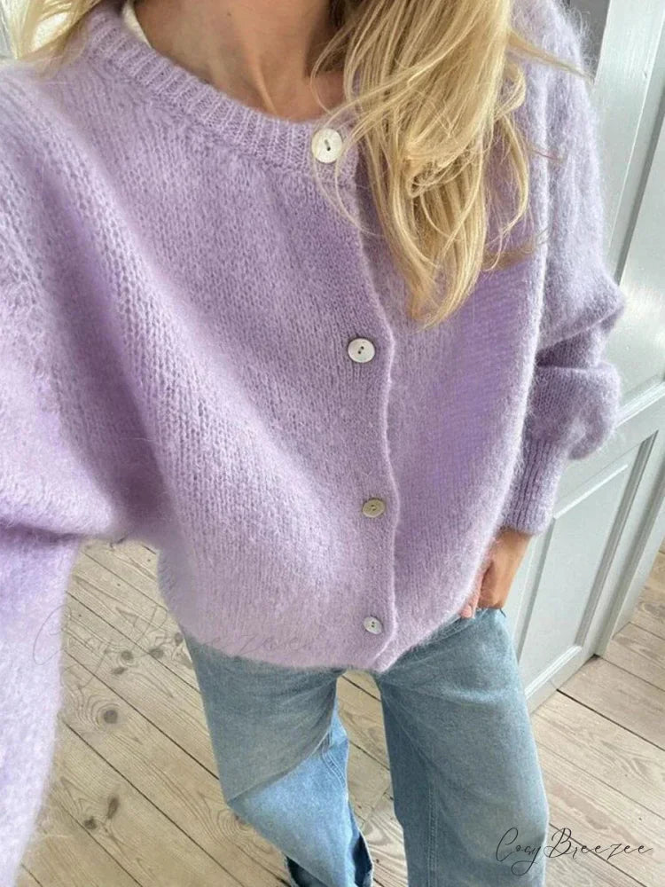 Fuzzy Button-Down Full Sleeve Knit Cardigan cardigans-241228