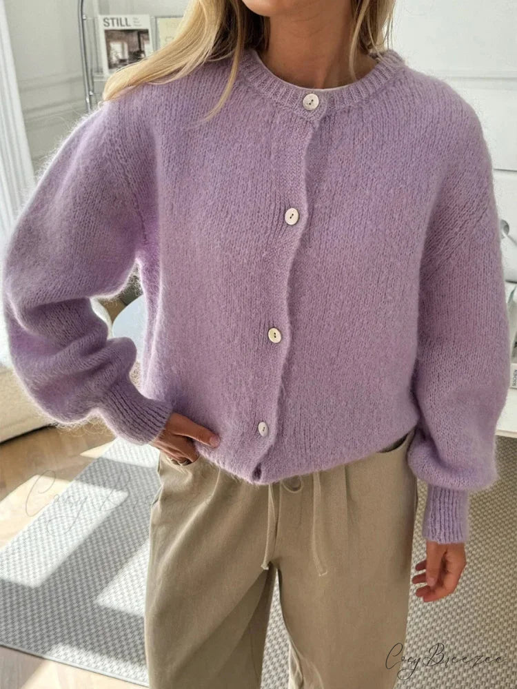 Fuzzy Button-Down Full Sleeve Knit Cardigan purple / S cardigans-241228