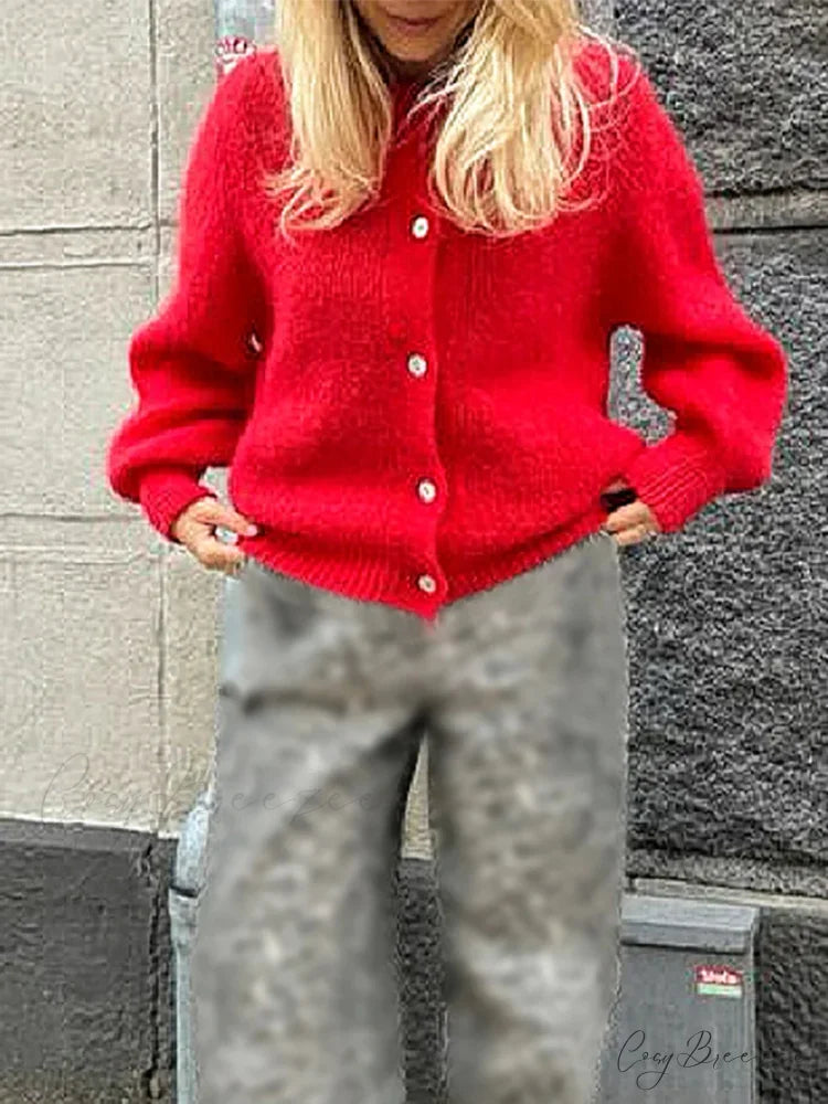 Fuzzy Button-Down Full Sleeve Knit Cardigan red / S cardigans-241228