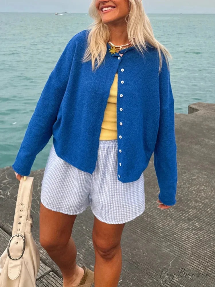 Fuzzy Button-Front Full Sleeve Knit Cardigan blue / S cardigans-241228