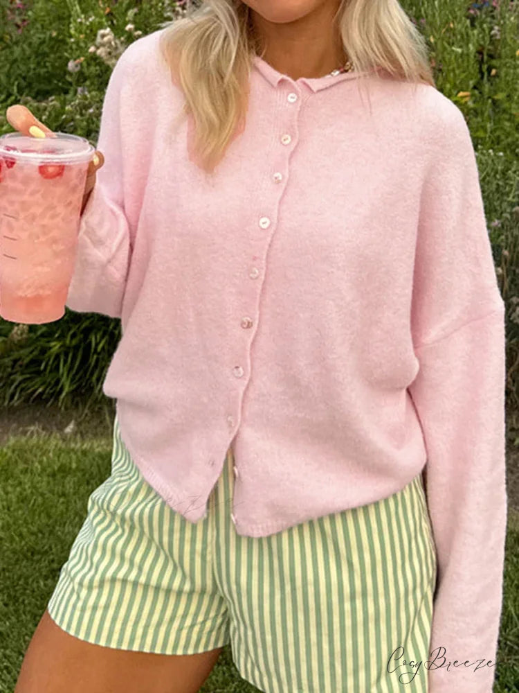 Fuzzy Button-Front Full Sleeve Knit Cardigan pink / S cardigans-241228