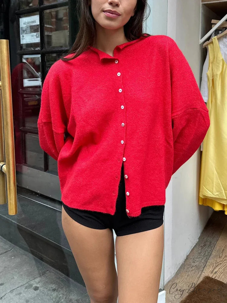 Fuzzy Button-Front Full Sleeve Knit Cardigan red / S cardigans-241228