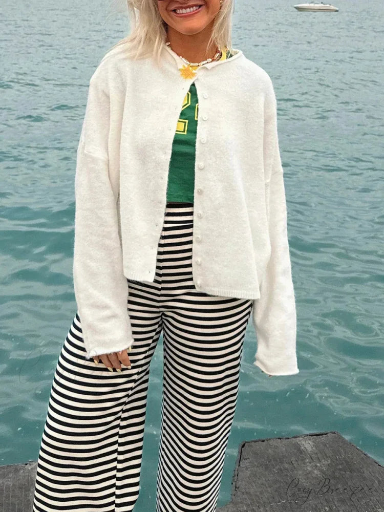 Fuzzy Button-Front Full Sleeve Knit Cardigan white / S cardigans-241228