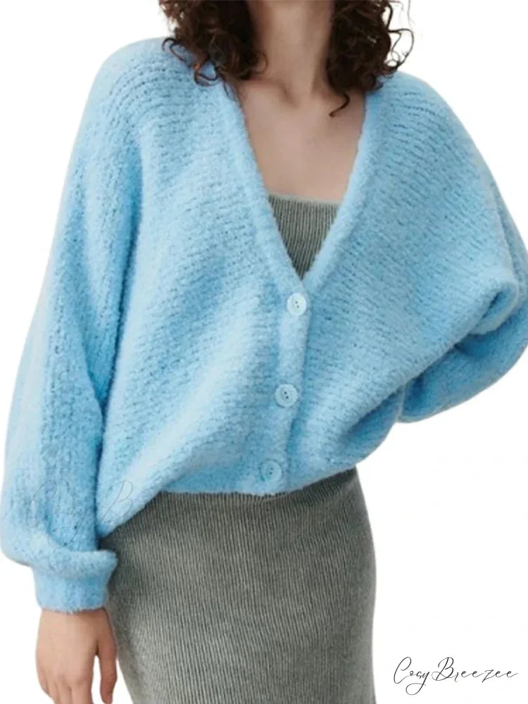 Fuzzy V-neck Button-front Cardigan Blue / S cardigans-241228