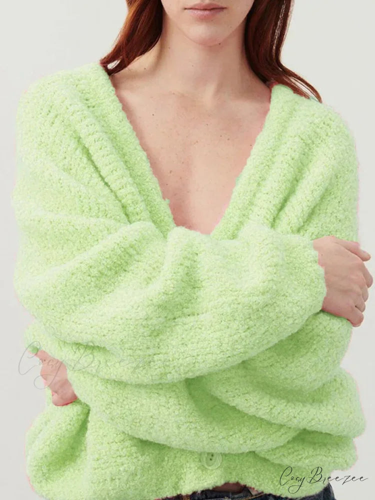 Fuzzy V-neck Button-front Cardigan cardigans-241228
