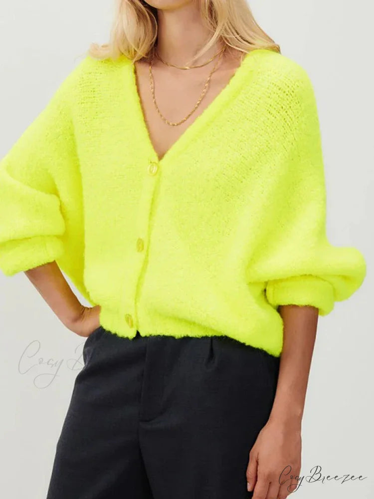 Fuzzy V-neck Button-front Cardigan cardigans-241228