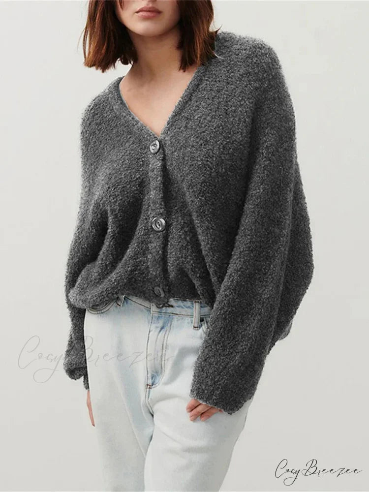 Fuzzy V-neck Button-front Cardigan Dark Grey / S cardigans-241228
