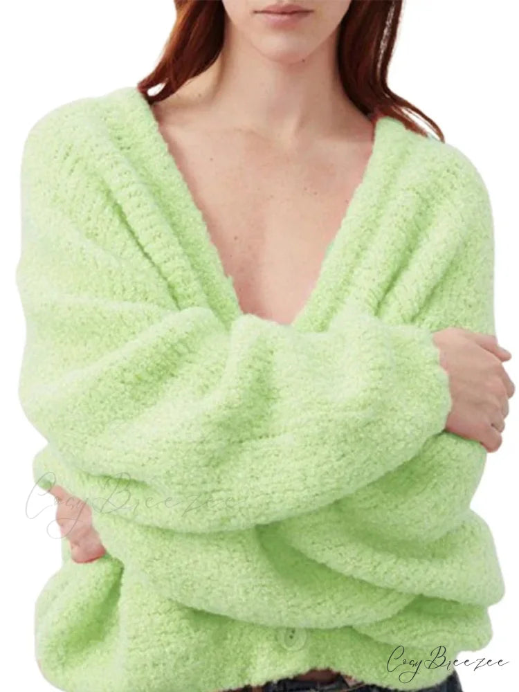 Fuzzy V-neck Button-front Cardigan Green / S cardigans-241228