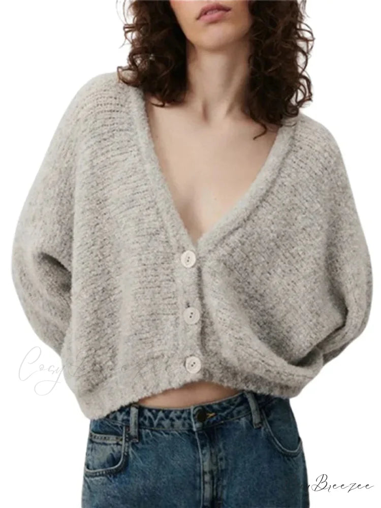 Fuzzy V-neck Button-front Cardigan Light Grey / S cardigans-241228