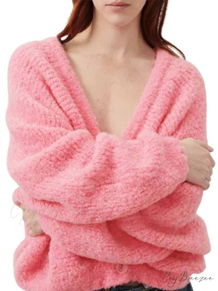 Fuzzy V-neck Button-front Cardigan Pink / S cardigans-241228