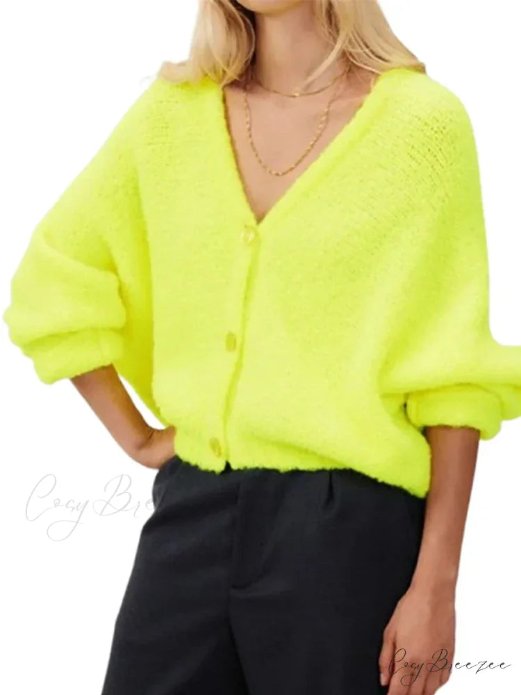 Fuzzy V-neck Button-front Cardigan Yellow / S cardigans-241228