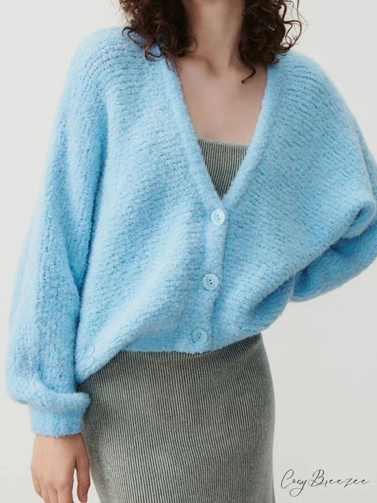 Fuzzy V-Neck Button-Front Knit Cardigan blue / S cardigans-241228