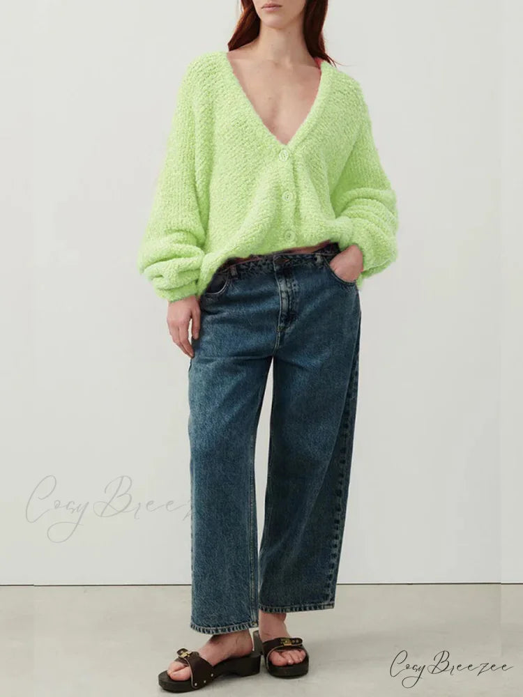 Fuzzy V-Neck Button-Front Knit Cardigan cardigans-241228