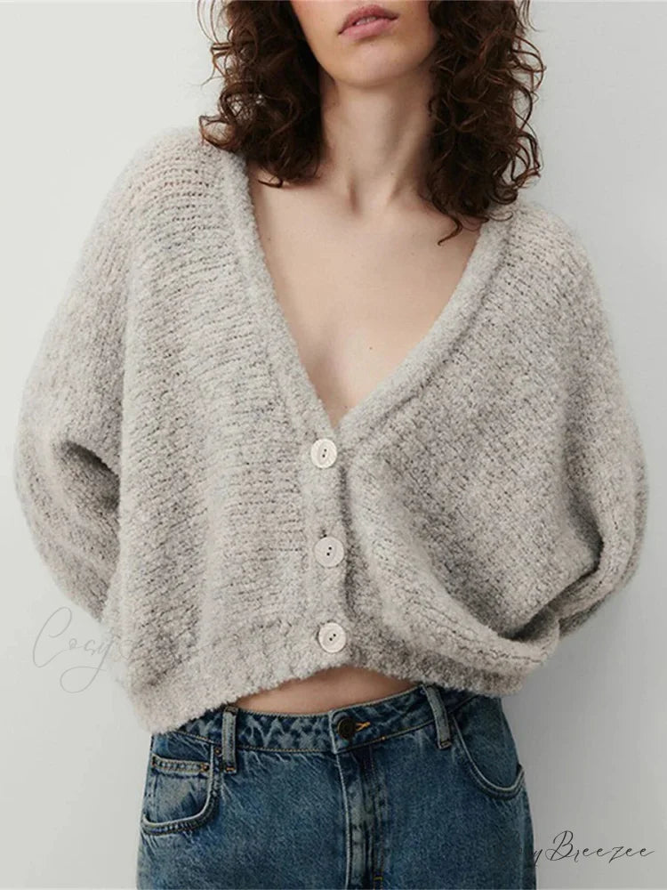 Fuzzy V-Neck Button-Front Knit Cardigan grey / S cardigans-241228