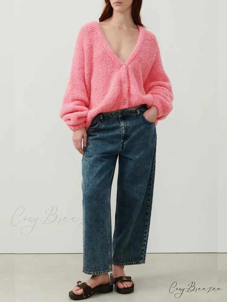 Fuzzy V-Neck Button-Front Knit Cardigan pink / S cardigans-241228
