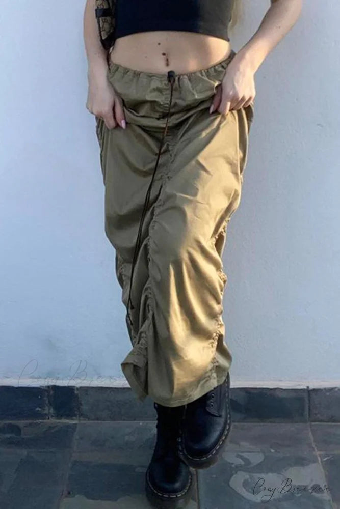 Gathered Woven Skirt Army Green / L