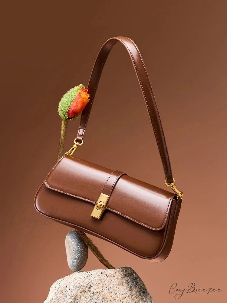 Genuine Leather Baguette Shoulder Bag shoulder-250126