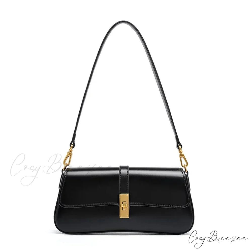 Genuine Leather Baguette Shoulder Bag Black shoulder-250126