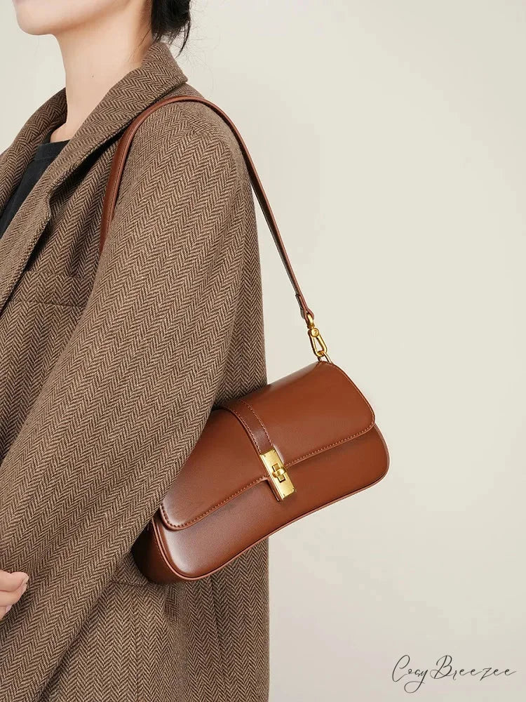 Genuine Leather Baguette Shoulder Bag coffee shoulder-250126