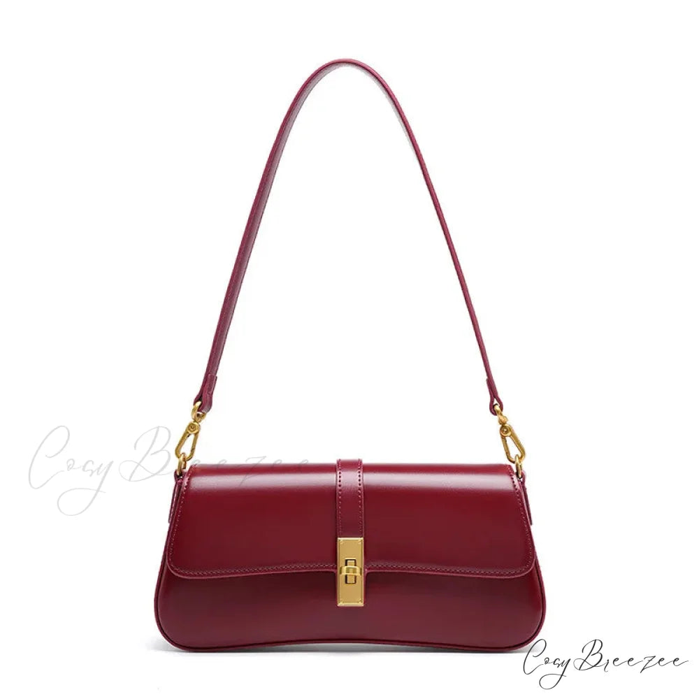 Genuine Leather Baguette Shoulder Bag wine red shoulder-250126