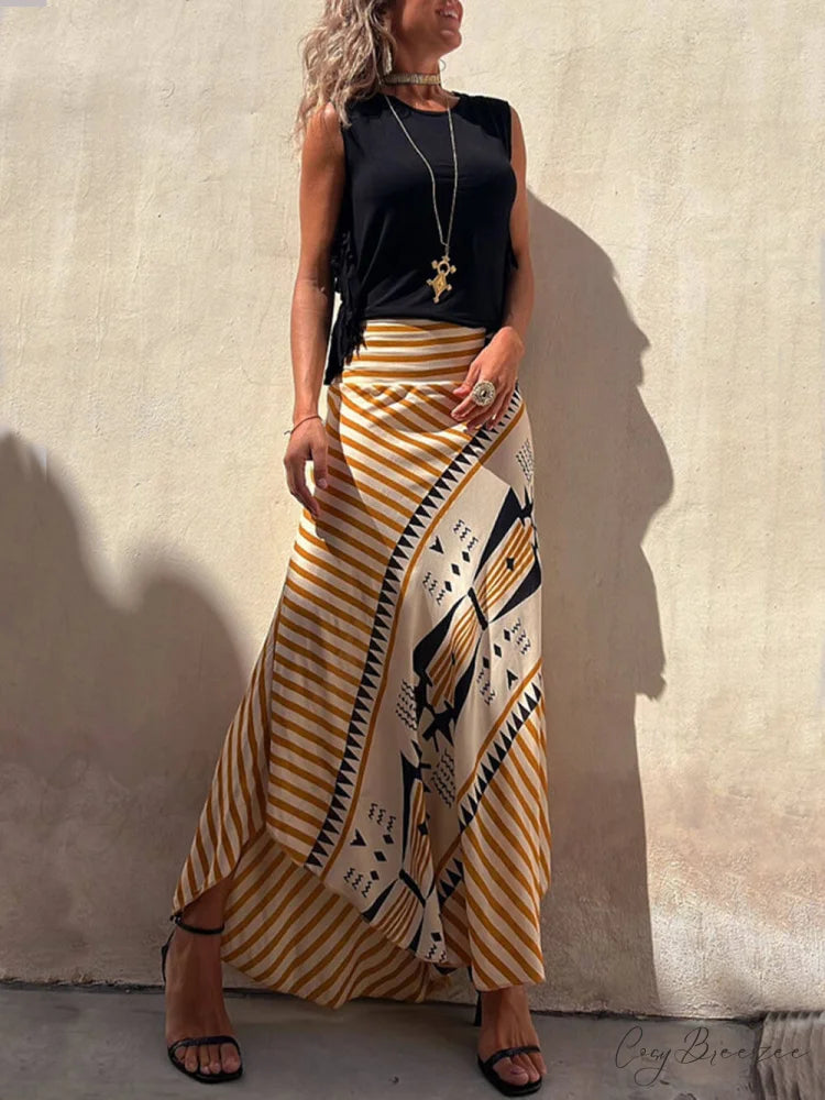 Geometric Print Elastic Charming Waist Maxi Skirt