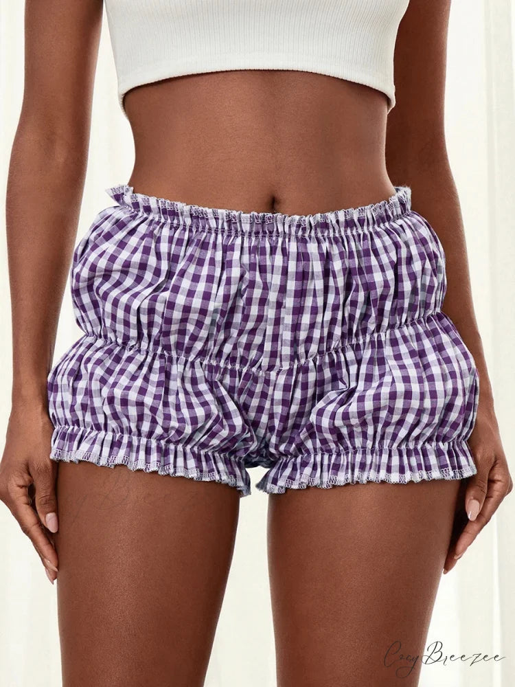 Gingham Frill Hem Bloomer Shorts PURPLE / S short-250223