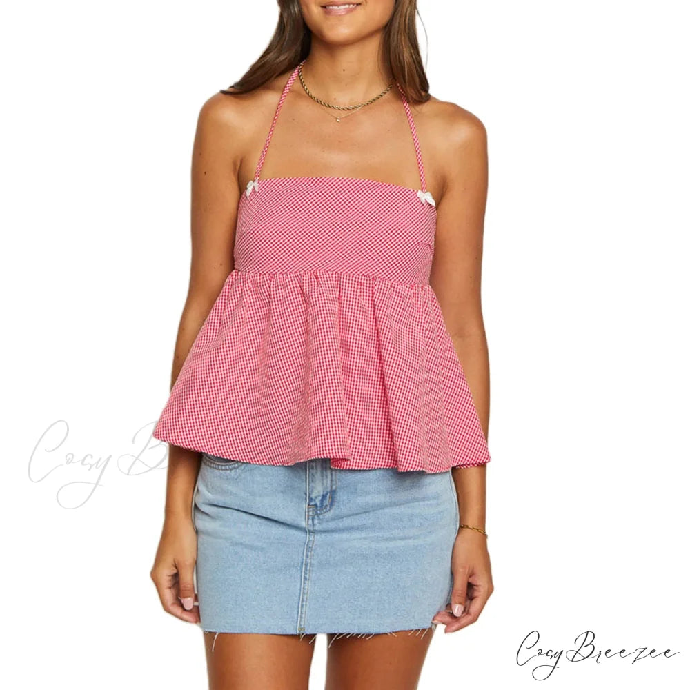 Gingham Halter Tie-Up Crop Top croptop-250223
