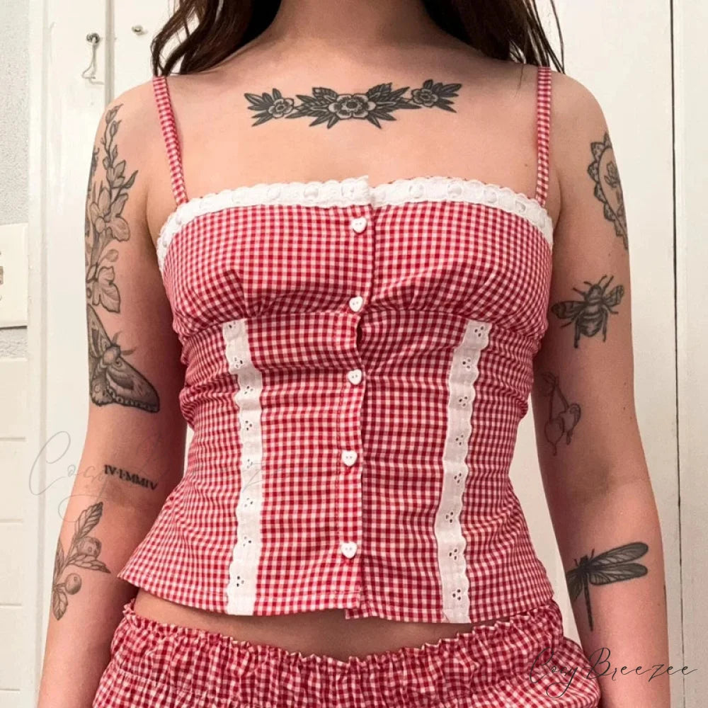 Gingham Lace Trim Crop Top Red / S croptop-250223