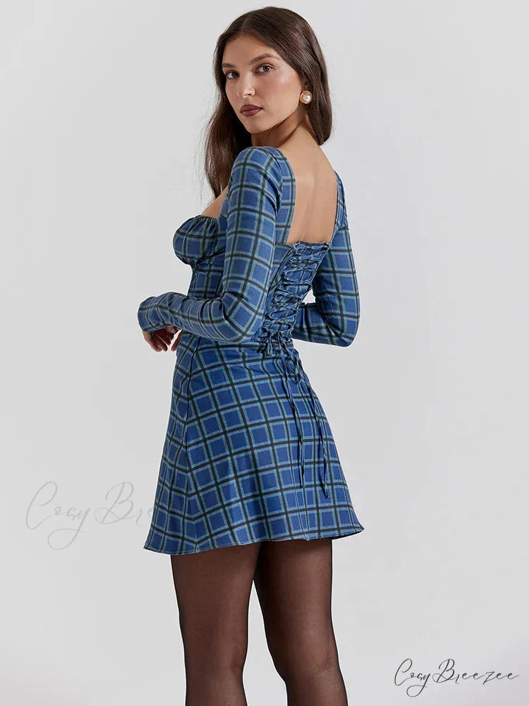 Gingham Print Long Charming Sleeve Mini Dress