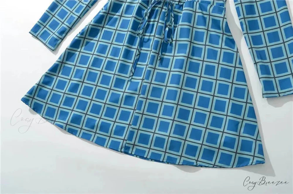 Gingham Print Long Charming Sleeve Mini Dress