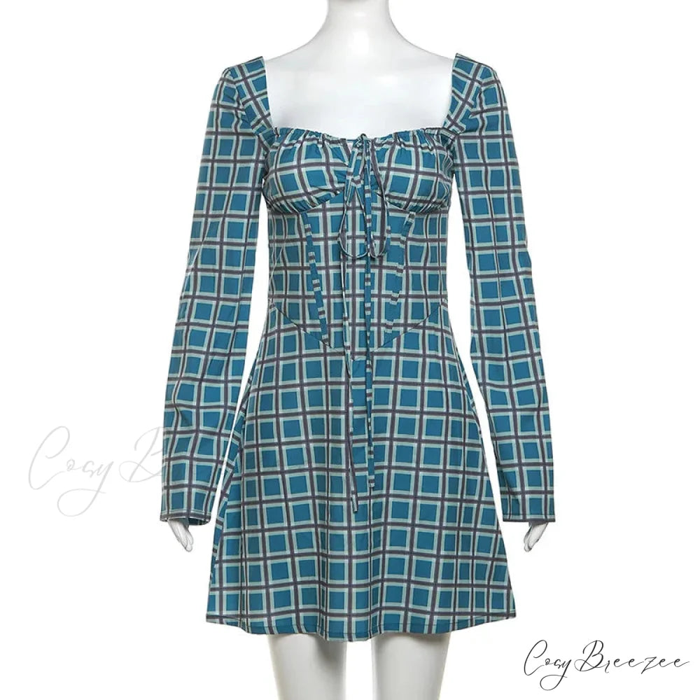 Gingham Print Long Charming Sleeve Mini Dress