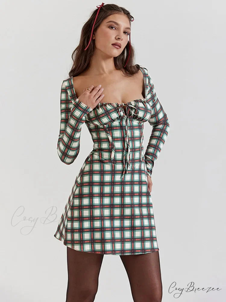 Gingham Print Long Charming Sleeve Mini Dress